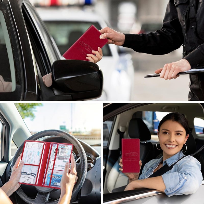Peisicne Car Registration and Insurance Card Holder for Women Men, Red Glove Box Paperwork Organizer with Magnetic Buckle for Easy Access and Protect Documents and Various Cards in Vehicle - Image 2